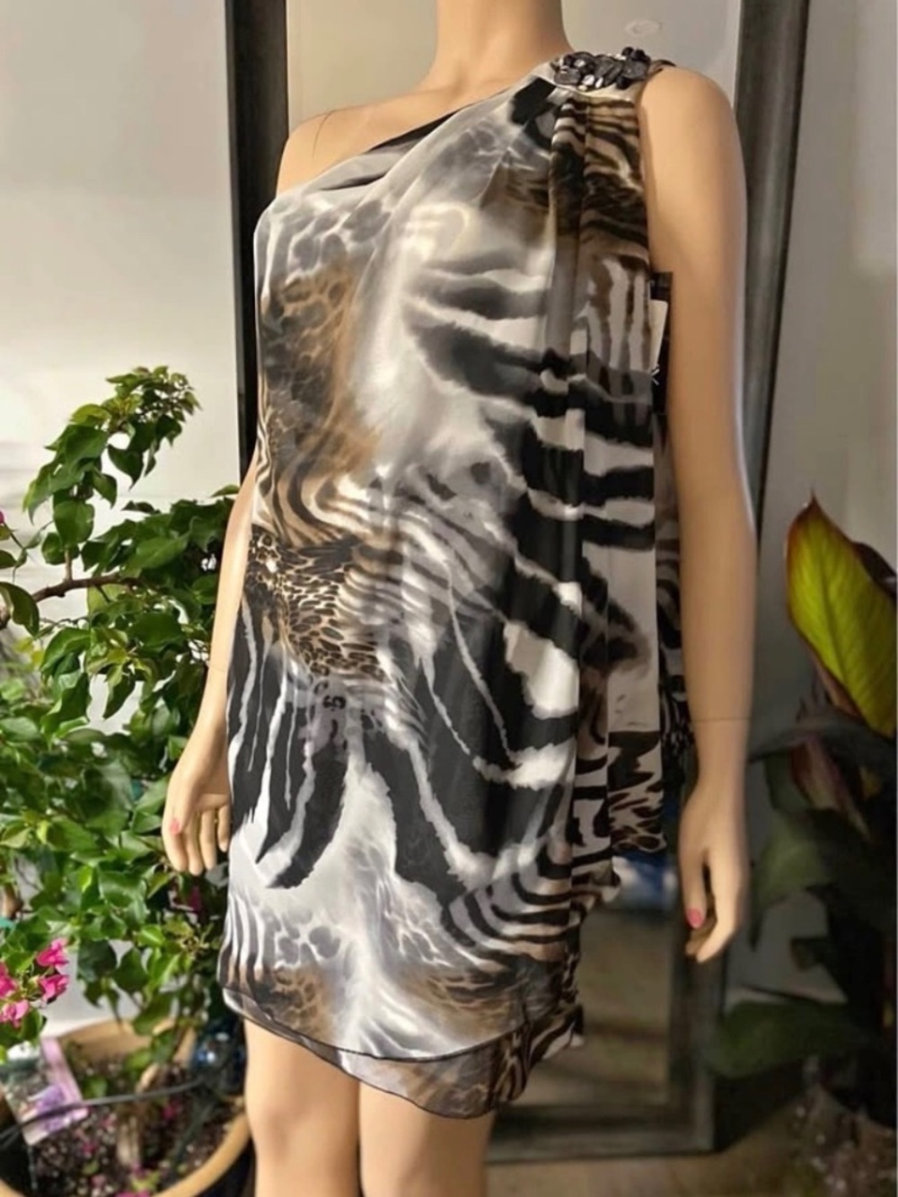 NWT: Onyx Nite Brown Chiffon Animal Print Embellished One-Shoulder Dress Size 2